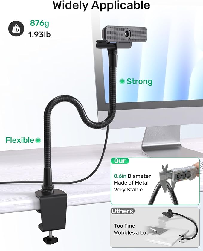 19 Inch Webcam Stand Camera Mount with Upgraded C-Clamp, Adjustable Flexible Gooseneck Arm Tripod for Desk Mount for Logitech C930e C930 C920 C922x C922 Brio 4K C925e C615, Gopro, Max Load 2.5 lb