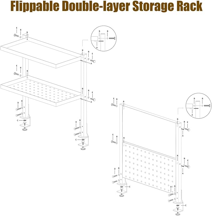 Clamp on Desk Shelf, 2 Tier Shelving Unit Clamp-on Above or Below Desk Extension Organizer Display Rack with Adjustable Metal Storage Tray, No Drilling
