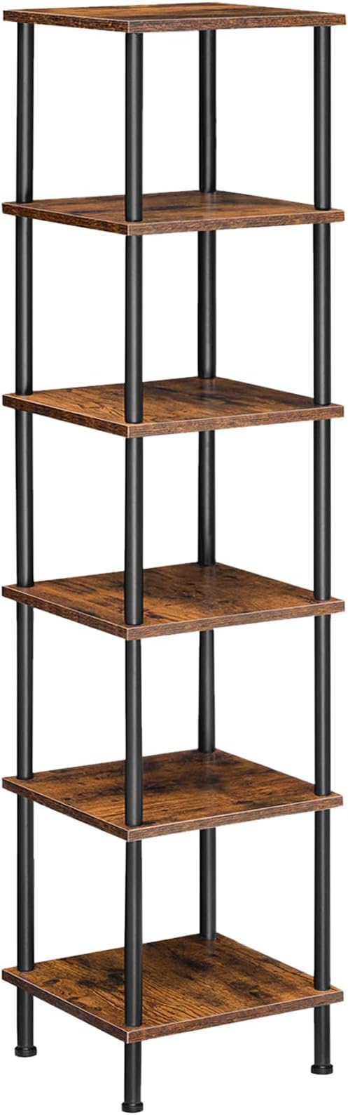 HOOBRO 6-Tier Corner Shelf, Corner Square Rack Display Shelf, Tall Storage Rack Plant Stand, Bookcase for Small Spaces, Living Room, Home Office, Kitchen, Rustic Brown and Black BF55CJ01