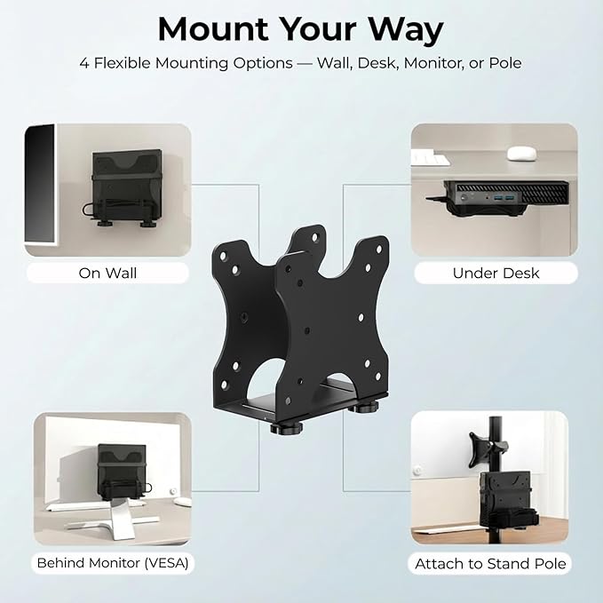 Yimaut Adjustable Mini PC Mount Bracket, VESA 75x75 & 100x100, Supports up to 12 lbs, Mount Behind Monitor, Under Desk, Wall or Stand Pole, Thin Client CPU Holder, Fits 0.63–2.76 in Wide
