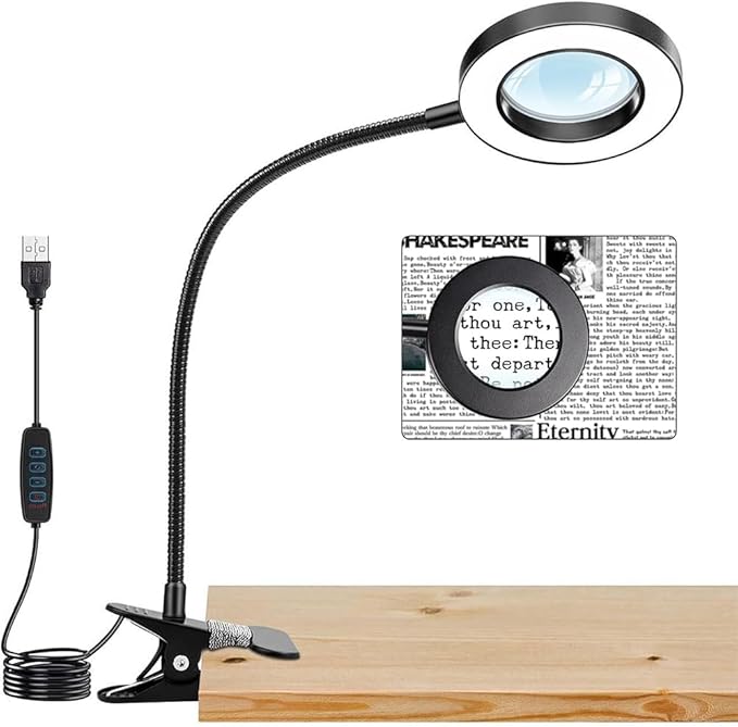Consss Eye Protection Clip On Reading Light with Magnifying Glass，3 Color Modes & 10 Brightness Flexible Arm for Manual/Bedtime Reading/Middle-Aged and Elderly People's Threading Tool/Bedside Lamp