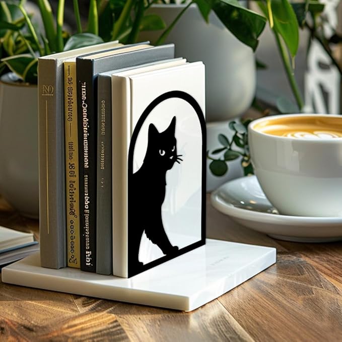 Peacoblue Metal Bookends for Shelves, Modern Decorative Heavy Duty Study Book Support Stoppers for Office, Desk, Shelf, Room 5.3"x4.3"x7.9" Cast Iron Simple Tall Bookends, 1 Pair (Cute Cat)