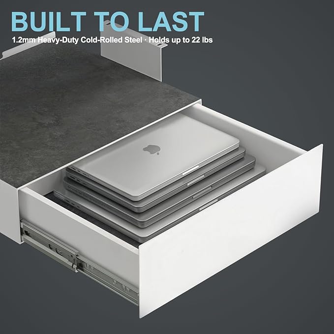 Under Desk Lockable Drawer, Heavy-Duty Pull-Out Storage Organizer with Full-Extension Ball-Bearing Slides, Carbon Steel Undermount Drawer for Home Office & Standing Desk, 13.8 Inch, White