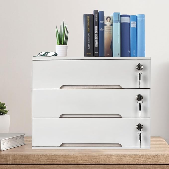 Wooden Desk Organizer with Drawers & Lock, Desktop Countertop Storage Cabinet Lockable Home Office Supplies File Tabletop Organizing Unit (3 Drawers - Modern White)