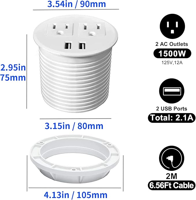 Desk Power Grommet with USB Ports 3.15 Inch Desktop Outlet Recessed Power Bar for Countertop Sofa Cabinet Conference (White)