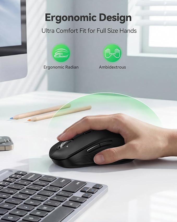 TECKNET Rechargeable Bluetooth Mouse, [ USB + BT5.0 + BT3.0 ] Wireless Mouse, Ergonomic 4-Way Scroll Wheel Computer Mice, 6-Level 4800 DPI Silent Mice, Multi-Device for Computer/Laptop/MacBook (Black)