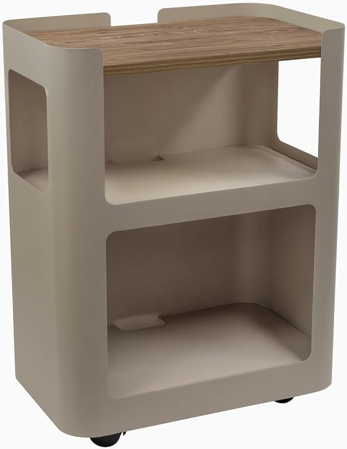 Desky Minimal Open Mobile Pedestal – 3-Tier Open Storage Cabinet with Hidden Swivel Casters and Integrated Cable Management, Light Brown Frame/Natural Walnut