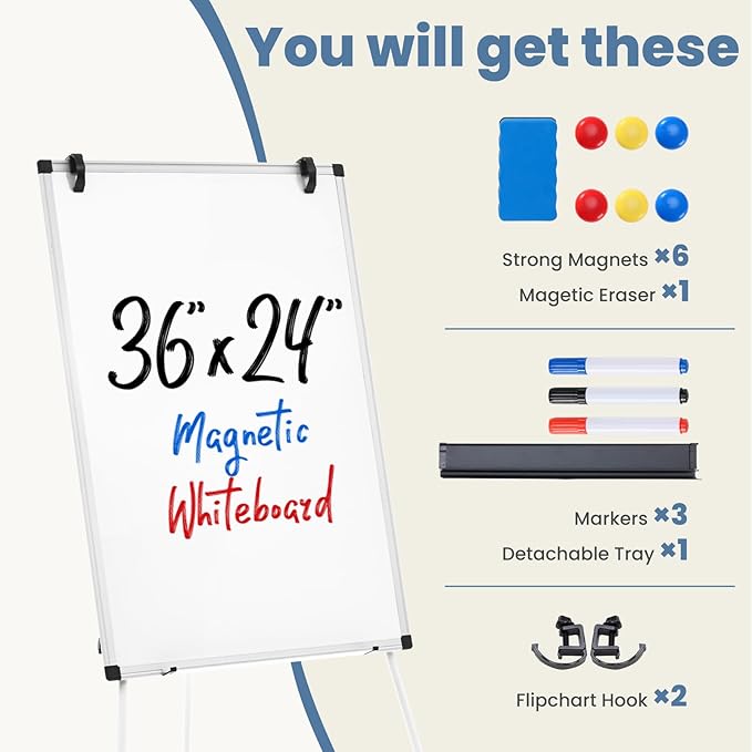DUMOS White Board Easel 36 x 24 Inches, Magnetic White Board Dry Erase, Porbable Boards Height Adjustable, Dry Erase Board with Stand for School, Office and Home, Silver Aluminium Frame, White