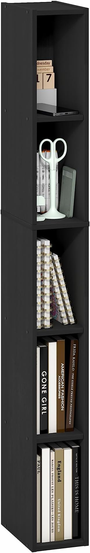 Furinno Fulda Book Shelf, 5-Tier Tall Narrow Bookshelf, Standing Bookcase with 6-in Width Storage Shelf, 9.3 x 5.9 x 51.9, for Organization Storage, for Living Room, Bedroom, Home Office, Blackwood