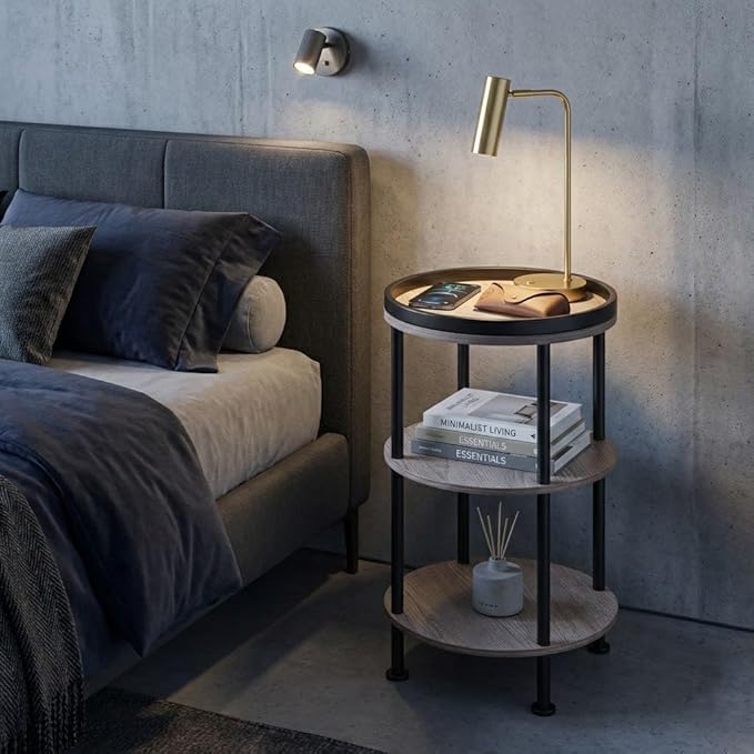 Small Round Side Table, Oak Round End Table for Living Room & Bedroom, Modern 3-Tier Nightstand with Storage Shelf, 11.8" Narrow Accent Table for Small Spaces, Nursery, Plant Stand,Natural Wood Finish
