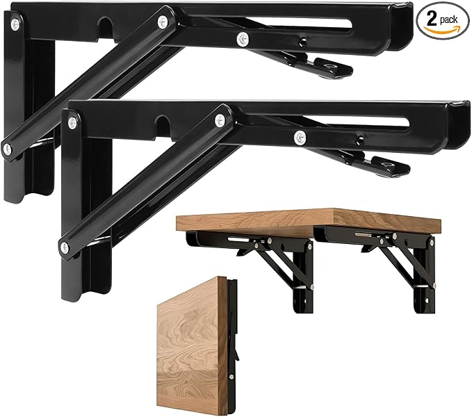 Folding Shelf Brackets 8 Inch - 2PCS Heavy Duty Metal Bracket Shelf, Wall Mounted Collapsible Bracket for Space Saving Bench Table Outdoor Smoker, Max Load: 150 lb
