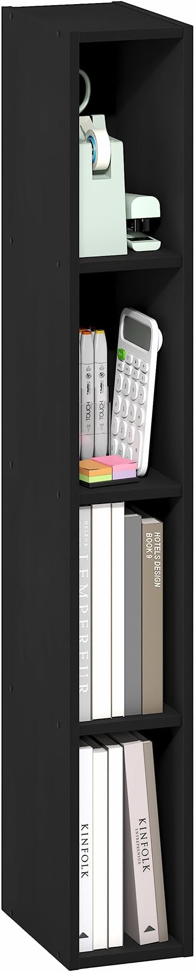Furinno Fulda Book Shelf, 4-Tier Narrow Bookshelf, Standing Bookcase with 6-in Width Storage Shelf, 9.3 x 5.9 x 41.6, for Organization and Storage, for Living Room, Bedroom, Home Office, Blackwood