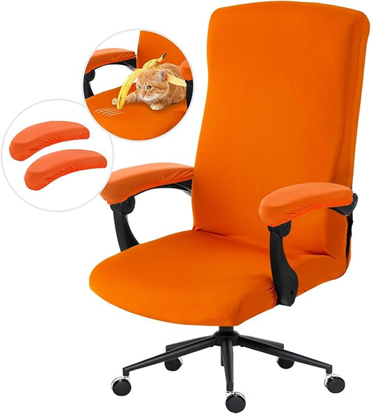 Stretch Computer Office Chair Cover with Armrest Covers Durable Zipper Universal Washable Removable Spandex Rotating Boss Chair Slipcovers Anti-dust Soft Desk Chair Seat Protector, Orange