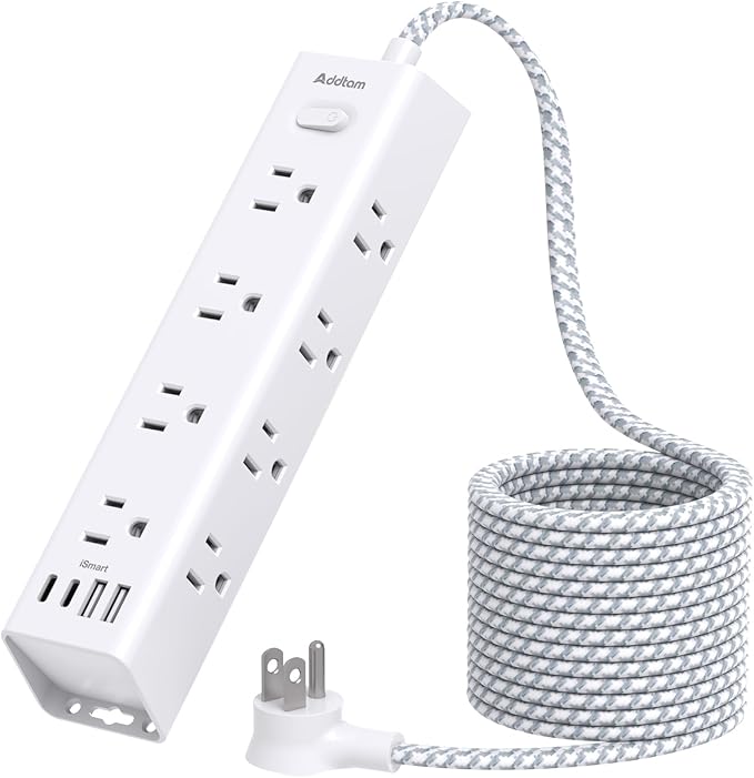 Addtam Power Strip Surge Protector with 12 AC Outlets & 4 USB Ports, 5FT Extension Cord, Flat Plug, Wall Mount, 1050J Overload Protection, Desk Charging Station for Home Office, ETL Listed, White