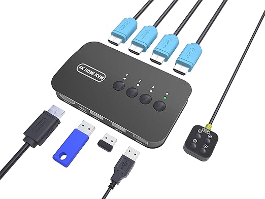 HDMI KVM Switch 4 Port - KVM Switcher for 4 Computers Share 1 Monitor & 3 USB 2.0 Devices,Keyboard Mouse Printer,Support 4K@30Hz, 4 Cables 1 Desktop Controller Included
