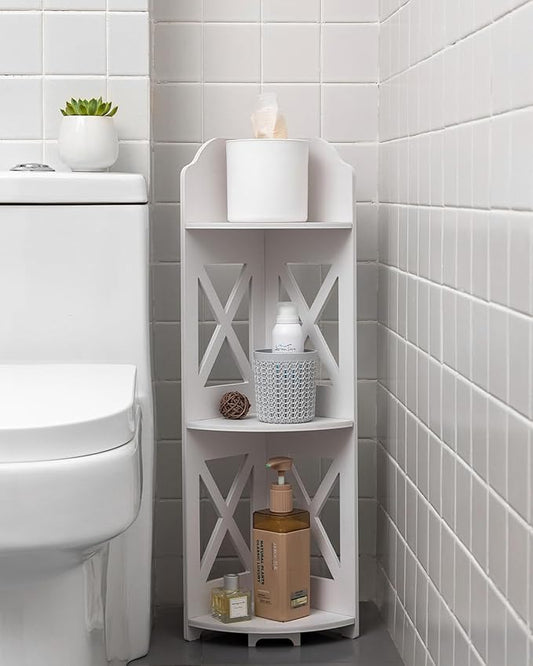 J JINXIAMU Corner Shelf Stand, Storage Organizer Great for Bathroom, Corner Shelf Perfect for Small Space,Waterproof Stand Also Use for Toilet Paper Stand,White