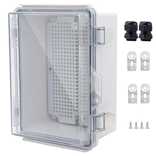 IP67 Waterproof Junction Box, ABS Plastic Electrical Enclosure with Stainless Steel Latch, Hinged Cover Electric Box with Mounting Plate, Wall Brackets & Cable Glands 175x125x90