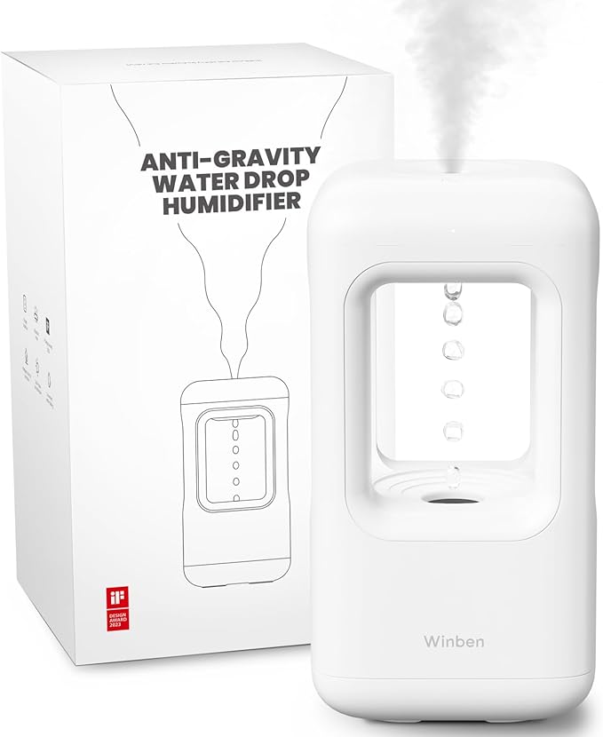 0.6L Mini Anti-Gravity Humidifier, Cool Mist Humidifier for Bedroom & Desk, Water Drops Move Upward Visual Effect, Quiet 36dB Night Light, Auto Shut-Off, Modern Minimalist Design