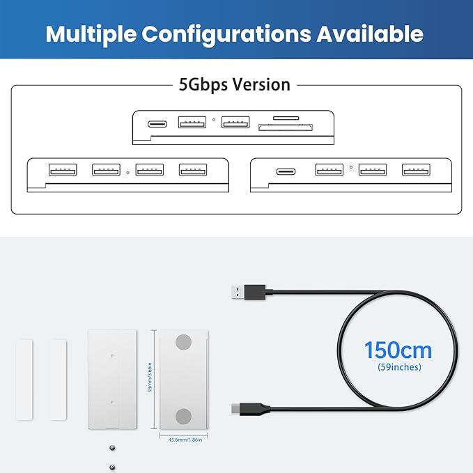 EJAY 10Gbps Magnetic USB-C Hub, 4-Port USB 3.2 Gen2 Aluminum Splitter, Desk Mounted with Extra Long 47" Cable, Anti-Slip Under Desk Hub for MacBook, Surface, Dell, Silver