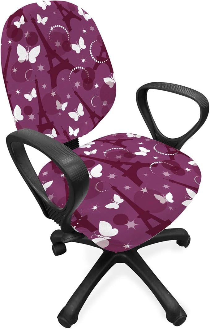 Ambesonne Eiffel Office Chair Slipcover, Abstract Composition with Towers White Butterflies and Stars Ethereal Display, Protective Stretch Decorative Fabric Cover, Standard Size, Violet White