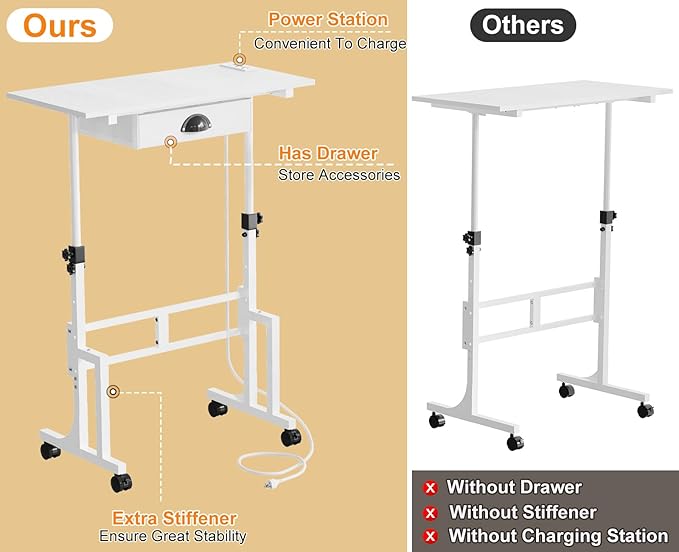 Cidaziya Small Adjustable Height Standing Desk with Storage Drawers, Rolling Sit Stand Up Desk with Wheels Charging Station, Adjustable Mobile Portable Table for Walking Pad Laptop Treadmill Computer
