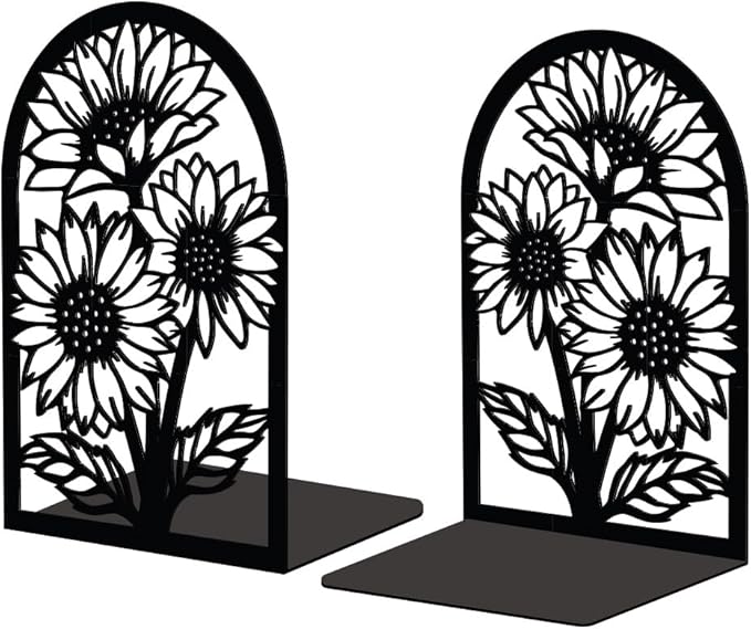 Peacoblue Metal Bookends for Shelves, Modern Decorative Heavy Duty Study Book Support Stoppers for Office, Desk, Shelf, Room 5.3"x4.3"x7.9" Cast Iron Simple Tall Bookends, 1 Pair (Sunflowers)