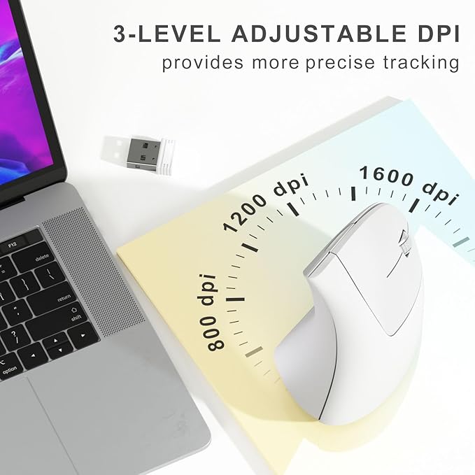 Wireless Ergonomic Mouse,2.4G USB Wireless Vertical Mouse,Adjustable DPI(800/1200/1600),Quiet Clicks,6 Buttons for Laptop,PC,Mac,Desktop – White