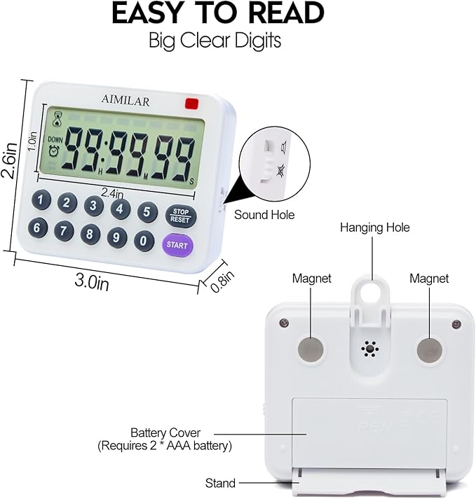 AIMILAR Magnetic Digital Kitchen Timer with Direct Numerical Keypad, Loud Alarm - 99Hr Countdown Count Up Timer for Cooking Baking Classroom, Batteries Included