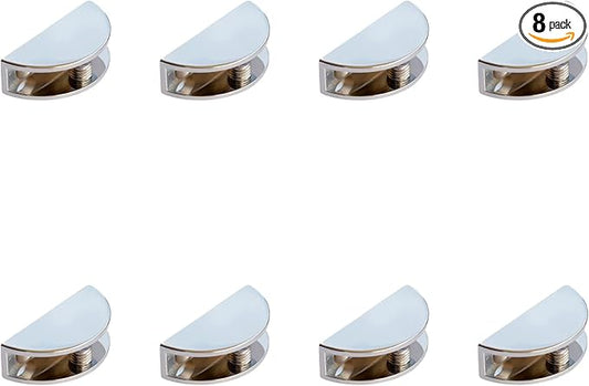 8-Pack Adjustable Metal Shelf Brackets, Semi-Circular Glass Clips, Wall Mount Support Clamp Holder for 4-8mm Shelves in Bathroom, Kitchen, Closet & Living Room, Chrome Plated Cabinet Hardware