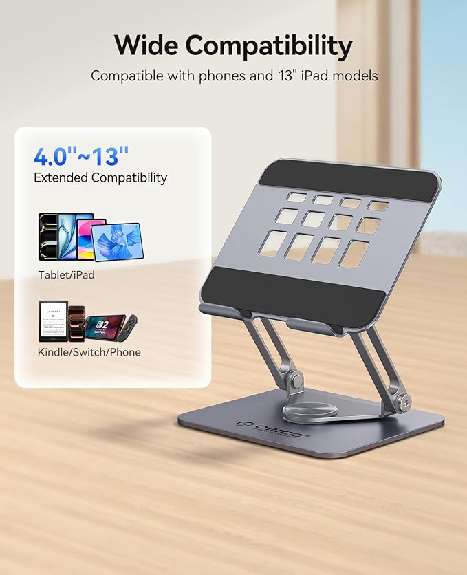 ORICO 360° Rotating Tablet Stand for iPad up to 12.9 Inch, Foldable Tablet Stand for Desk, Aluminum Alloy, Compatible with iPad Pro/Air/Mini, Kindle, Galaxy Tab, Fire, iPhone, Switch - FB2, Gray