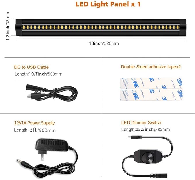 inShareplus 13inch LED Under Cabinet Lighting, Dimmable Light, Warm White 4500K, CRI90+, 450Lumens, DC 12V Ultra Thin Under Counter Kitchen Lights for Kitchen, Shelf, Cupboard, Black, 1 Pack