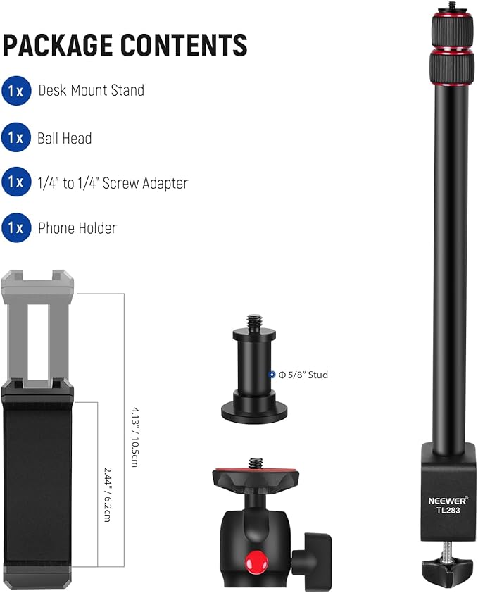 NEEWER Camera Desk Mount with Holder & 360° Ball Head, 17"-40"/43-102cm Telescopic C Clamp Table Light Stand 1/4" Screw, Desktop Stand 6.6lb/3kg Max Load for DSLR Camera, Webcam, Ring Light,TL283