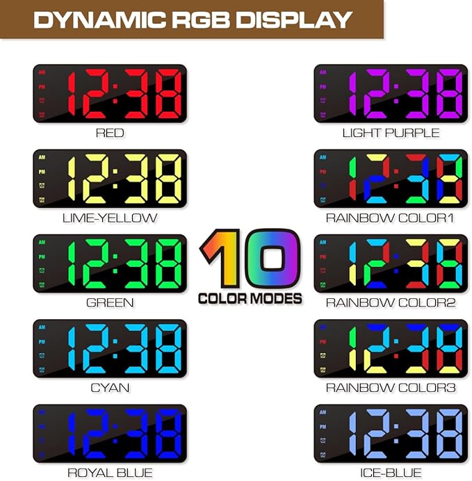 Digital Alarm Clock, Mirror Surface LED Electronic Clocks Large Display, Adjustable Brightness, Dual Power Supply, Snooze Model for Bedroom, Desk, Office (Black Case + Dynamic Digit)