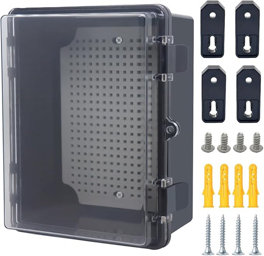 Junction Box, Hinged Black Clear Cover IP67 Waterproof ABS Project Box with Mounting Plate Electrical Box Enclosure with Wall Bracket 8.7 x 6.7 x 4.3inch(220x170x110mm)