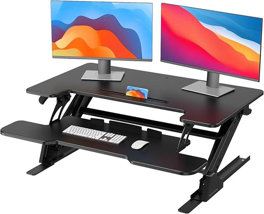 HUANUO 36" Z Shaped Stable Standing Desk Converter, Height Adjustable Sit Stand Up Desk Riser, Dual Monitor and Laptop Workstation with Wide Keyboard Tray, Desk Lifter for Home Office
