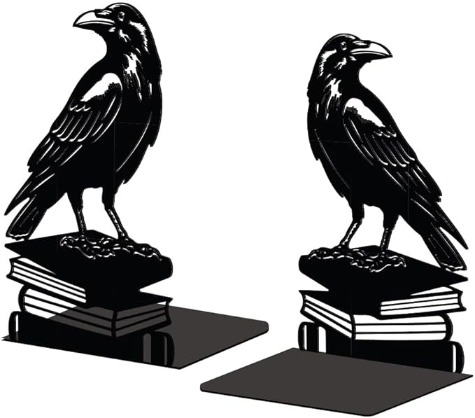 Peacoblue Metal Bookends for Shelves, Modern Decorative Heavy Duty Study Book Support Stoppers for Office, Desk, Shelf, Room 5.3"x4.3"x7.9" Cast Iron Simple Tall Bookends, 1 Pair (Crow on Book Stack)