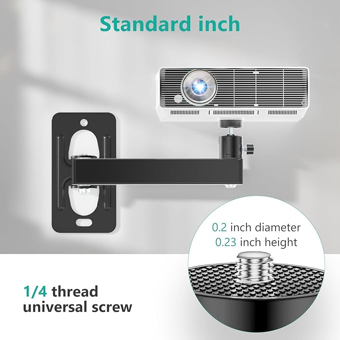 WALI Mini Projector Wall Mount, Full Motion Adjustable Bracket for 1/4" M4 M6 Screws, Hanging Holder for Small Projectors, Supports up to 4.4lbs - 1330LM-PMS, Black