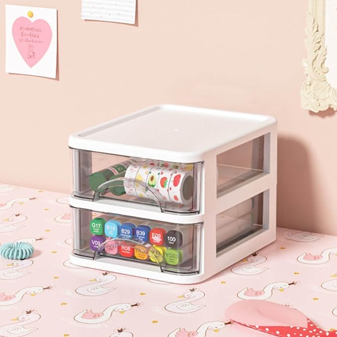 Mini Desktop Drawer Plastic White Frame with Clear Drawers Small Storage Drawers Containers Multi-layer Storage Organization Units for Storing Arts, Crafts, Sewing Accessories, Stationary (2 Layers)
