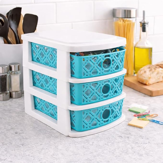 3 Drawer Basket Weave Mini Plastic Organizer Makeup HBA Cosmetics Arts & Crafts Desktop Stationary (Teal)