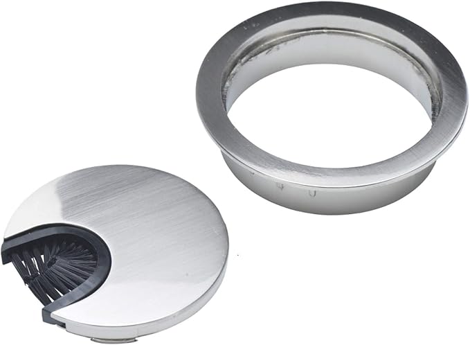 Satin Nickel Metal Cable Grommet | 2 Piece "Lock in" Feature with "Brush" Opening for Management of Office & Computer Desk Wires | 60mm (2 3/8") Hole Opening | 5 Pack