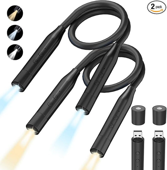 2 PCS LED Neck Reading Lights, 3 Color & 3 Brightness Options, 380° Adjustable Rechargeable Reading Lights for Books in Bed, Black Book Accessories, Ideal for Reading, Knitting, Repairing