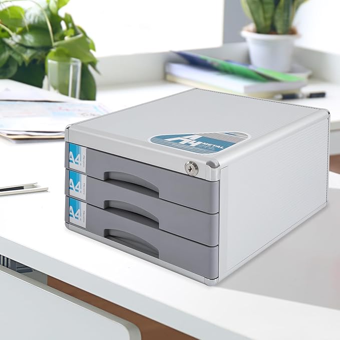 Desktop Drawer Organizer Lockable File Cabinet with Drawers Unit Office Desk Storage Organzier for Documents Papers Mail Notebooks Stationery (3-layer)