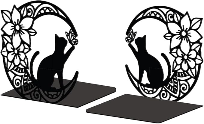 Peacoblue Metal Bookends for Shelves, Modern Decorative Heavy Duty Study Book Support Stoppers for Office, Desk, Shelf, Room 5.3"x4.3"x5.3" Cast Iron Tall Bookends, 1 Pair (Moon with Cat and Flower)