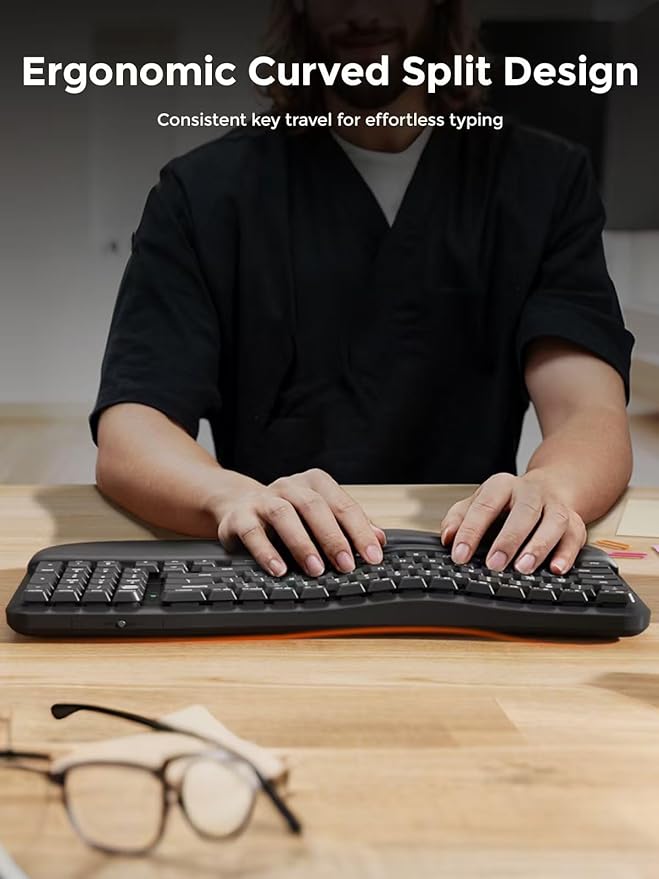 DAREU Wireless Ergonomic Keyboard,Ergo Keyboard with Cushioned Wrist & Palm Rest,2.4GHz / BT Ergonomic Wave Keys Computer Keyboard,3 Multi-Device Connectivity for Laptop,Mac,Windows - Black