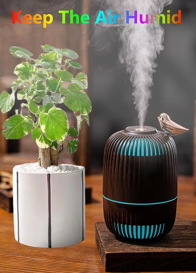 Portable Mini Humidifier,Birdcage styling Humidifier Colorful, Cool Mist, USB Powered Perfect for Desk Bedroom Indoor Plant Quiet Colorful Night Light (Darkwood)