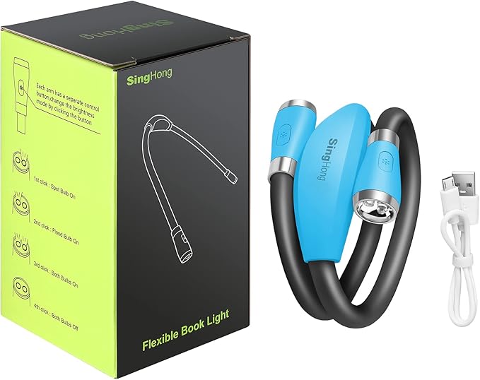 USB Rechargeable Neck Book Light for Reading in Bed, 4 LED Bulbs 4 Adjustable Brightness, Hands Free for Night Jogging or Mending Lamp (Blue)