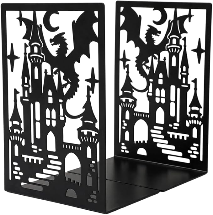 Book Ends, Bookends, Book Ends for Shelves, 2Pair Non Skid Metal Book Divider Decorative Holder, Abstract Art Desgin Book Stopper Supports for Office, Home (Dragon D)