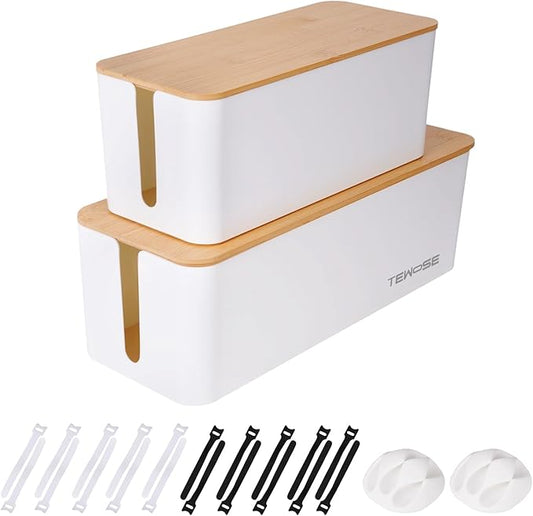 2 Pack Cable Management Box – Child and Pet-Proof Cord Organizer with Bamboo-Style Design, Large Capacity Cable Cover for Hiding TV Wires, Computer Cables, Power Strips,and USB Hubs, White