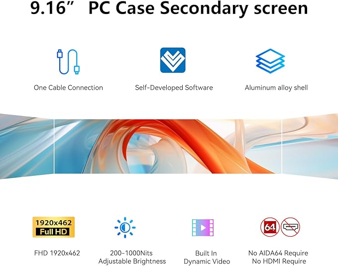 9.16" Computer Temp Monitor, FHD 1920x462 PC Sensor Panel One-Cable Connection(No HDMI Needed), Stretched Bar LCD Dynamic Theme Supported, IPS Mini Secondary Screen for CPU RAM HDD Data (Black)