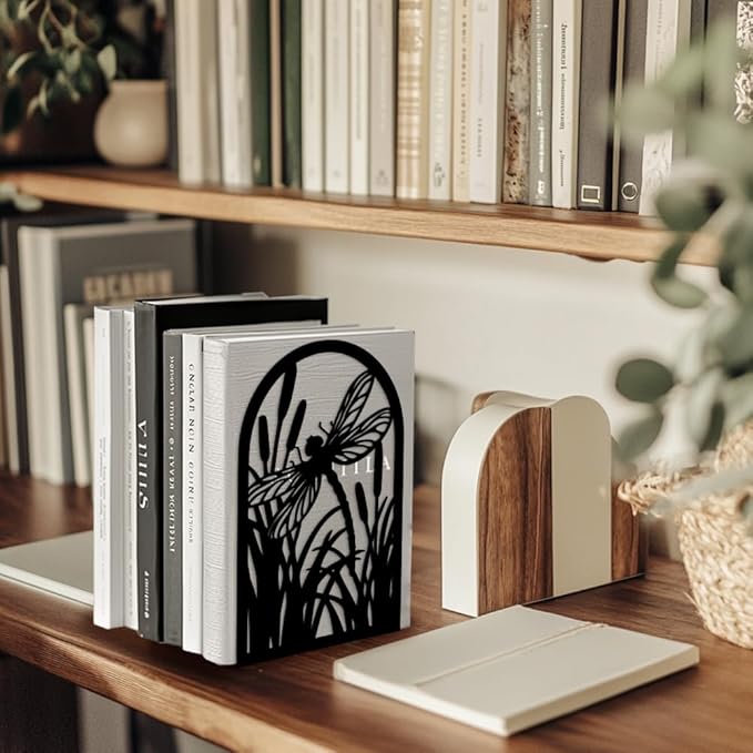 Peacoblue Metal Bookends for Shelves, Modern Decorative Heavy Duty Study Book Support Stoppers for Office, Desk, Shelf, Room 5.3"x4.3"x7.9" Cast Iron Simple Tall Bookends, 1 Pair (Dragonfly)